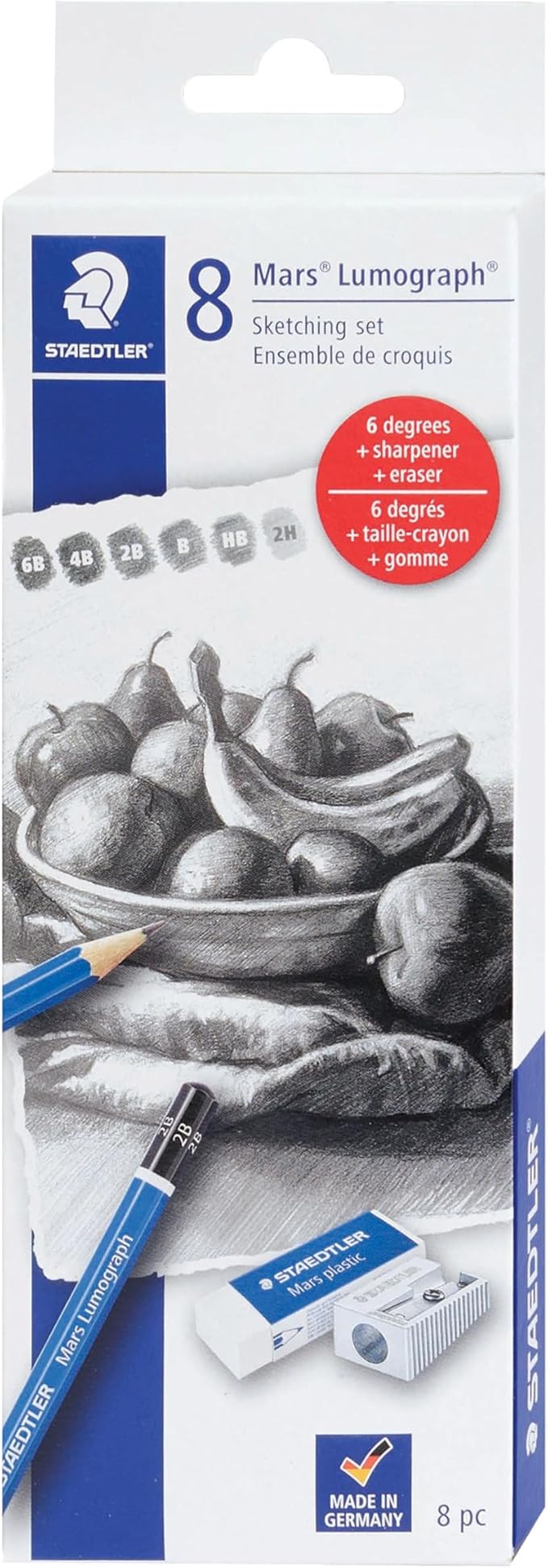 STAEDTLER Mars Lumograph Graphite Artist Sketching Set, 6 Pencils (6B, 4B, 2B, B, HB, 2H), Mini Mars Plastic Eraser, Metal Sharpener
