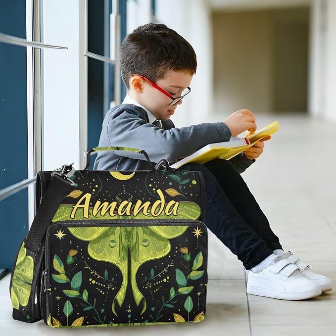 Custom 3 Ring Zipper Binder Mystical Green Moon Moth Boho Personalized Name 1.5 inch Binders Large Capacity Multi Pockets for School Office Supplies