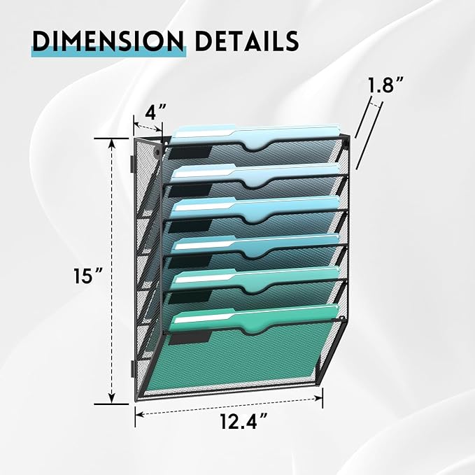 6-Tier Wall File Organizer, Hanging File Holder, Wall Mounted Mail Sorter | Metal Mesh Hanging File Organizer with Open Compartments and Label Panels for Papers and Folders at Home, Office or School