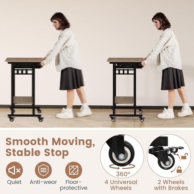 GIANTEX Rolling Computer Desk, Mobile Desk with Keyboard Tray & Wheels, Portable Laptop PC Table Cart with Shelf & Hooks, Small Desk for Small Spaces, Bedroom, Apartment (Grey Oak)