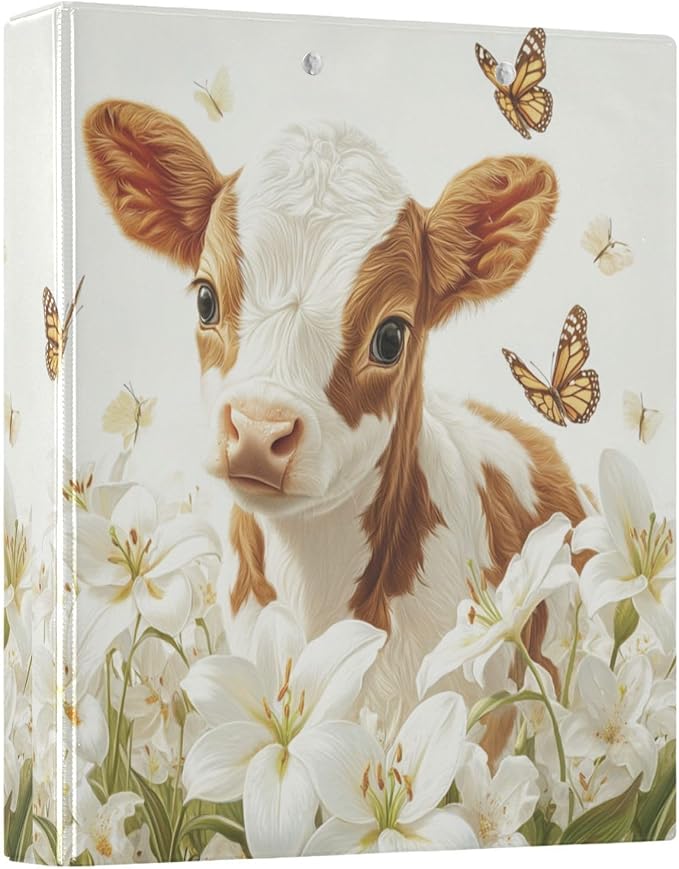 Caikeny 3 Ring Binder Cute Cow Floral Butterfly 1.5 Inch Binders Round Ring Clipboard with 2 Pockets for Office Supplies