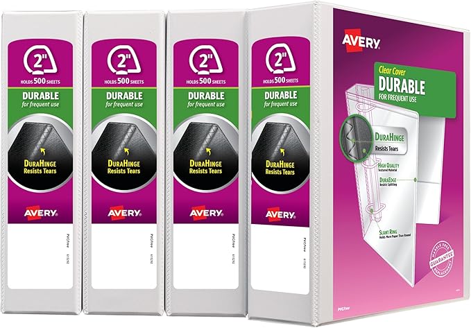 Avery Durable View 3 Ring Binders for Home, School Supplies, Office, or Organization Needs, 2" Slant Ring, 4 Pack White Binders (17032)