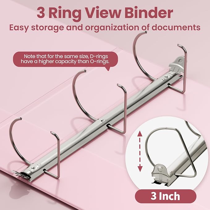 SUNEE 3 Ring Binder - 3 Inch D Ring, Clear View PVC-Free (Fit 8.5x11 Inches) for School or Office, Pink, 1 Pack