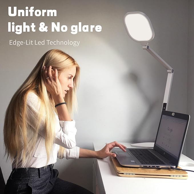 LED Desk Lamp for Home Office, Soft Edge-lit Design, Modern Style | Professional Eye-Caring Diffused Light, Dimmable Computer Light with 30 Modes, Memory & Timer, Flexible Swing Arm Table Lamp