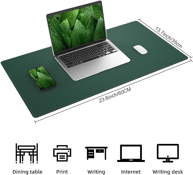 AFIING Cork Desk Mat, Dark Green, 23.6" x 13.7", Desk Pad Protector | Dual-Sided & PU Leather, Waterproof, Non-Slip for Mouse Pad, Writing, Home Office& Laptop