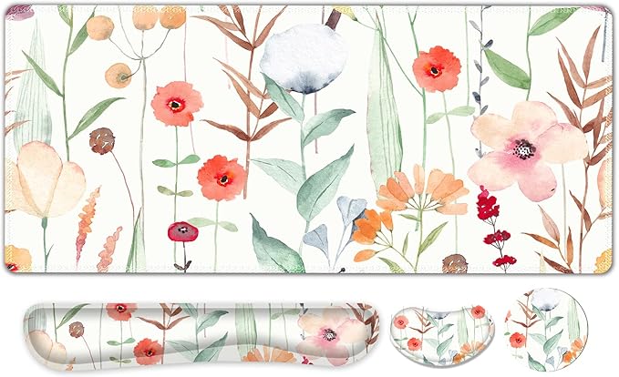 Large Gaming Mouse Pad Set, 4 in 1 Extended Keyboard Desk Mat with Wrist Rest, PC Computer Game Mousepad Set, Non-Slip Desk Pad Easy Typing Pain Relief for Home Office I Orange Flowers
