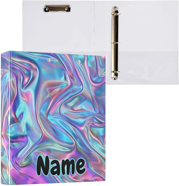 Custom 3 Ring Binder Metallic Liquid Painting Rainbow 1.5" Round Ring Binders Personalized Name View Binder with 200 Sheet for Kids School Supplies Women Men Office, 1 Pack
