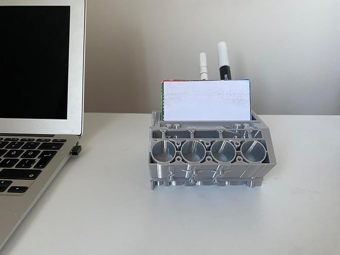 V8 Engine Business Card Holder - Shiny Silver Desk Decoration for Car Enthusiasts | 3D Printed PLA