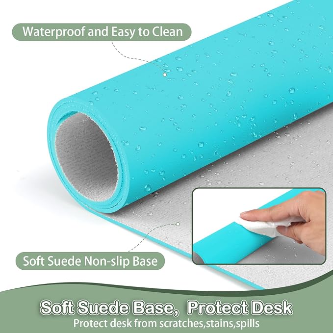 Boutilon Leather Desk Pad Protector,Laptop Desk Pad,Office Mouse Mat,Waterproof Leather Desk Blotter,Desk Writing Pad for Office and Home (M-Bright Blue,30"x14")