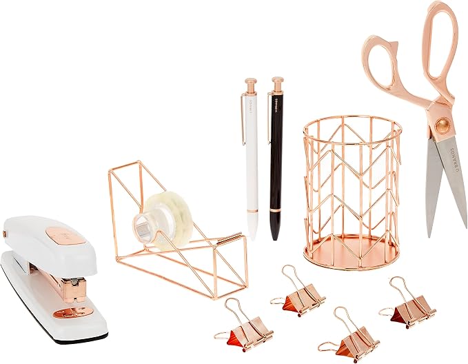 U Brands Desktop Accessory Kit, Office Supplies Set, Wire Metal, Rose Gold, 10-Pieces