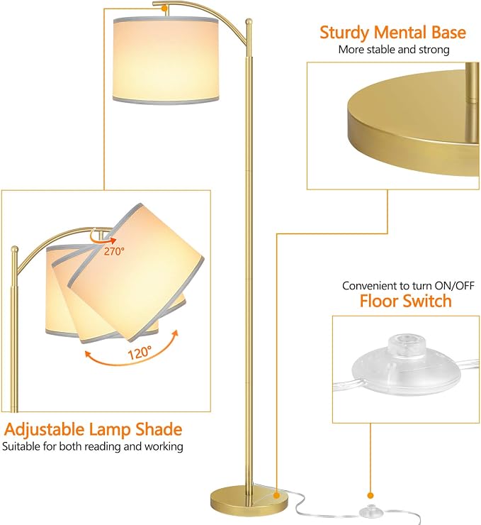 Floor Lamp for Living Room with 3 Color Temperatures LED Bulb, Standing Lamp Tall Industrial Floor Lamp Reading for Bedroom, Office (9W LED Bulb, White Lampshade Included) -Gold