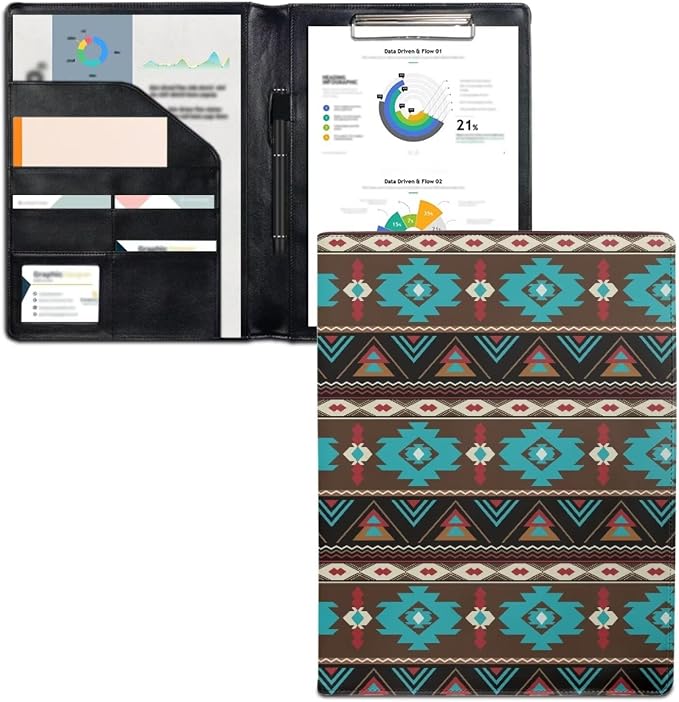 Dreaweet Turquoise Aztec Tribal Leather Padfolio for Women Men Resume Portfolio Folder,Interview/Legal Document Organizer & Business Card Holder with Letter-Sized Writing Pad