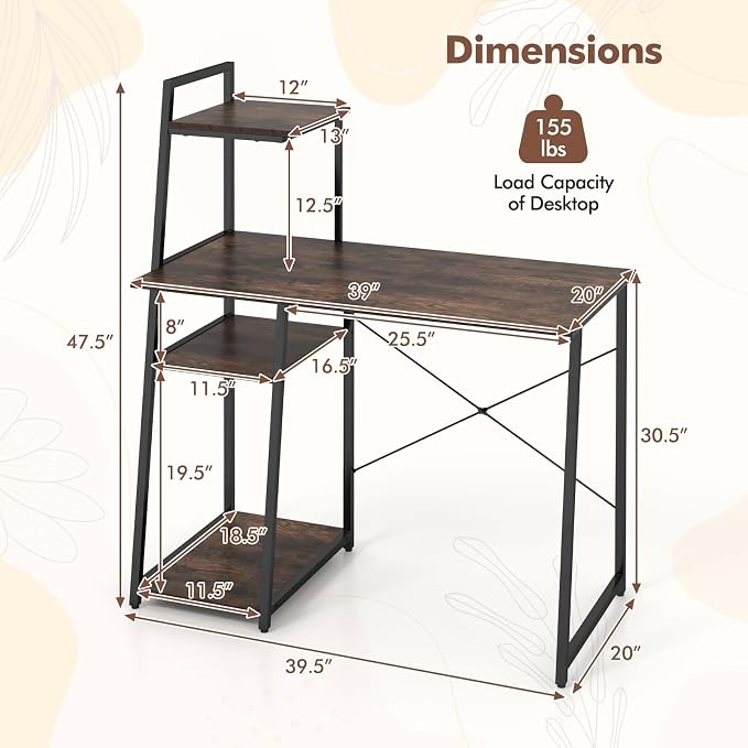 Giantex Computer Desk with Shelves, 47.5” Home Office Desk with Bookshelf, Host Stand, Metal Frame, PC Laptop Workstation, Modern Study Writing Desk for Bedroom, Small Space (Rustic Brown & Black)