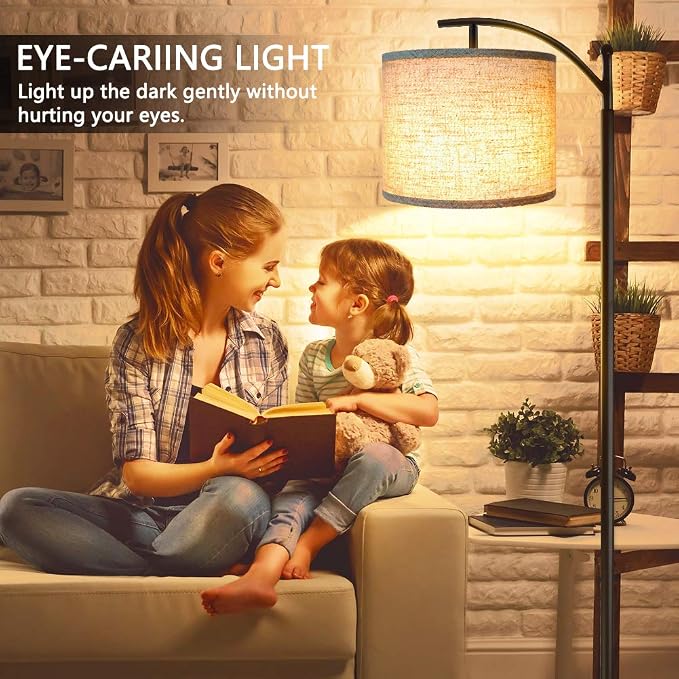 ROTTOGOON Floor Lamp for Living Room with 3 Color Temperatures LED Bulb, Standing Lamp Tall Industrial Floor Lamp Reading for Bedroom, Office (9W LED Bulb, Beige Lampshade Included) -Black