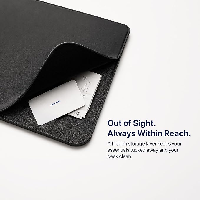 Wireless Charging Desk Mat, Detachable MagSafe & Qi Mouse Pad with Hidden Storage Pocket, 4-in-1 Charges iPhone, Android, AirPods & Wireless Earbuds, Vegan Leather, XL 30.7"x14.6", Black