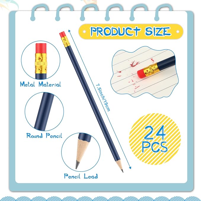 Outus 24 Pieces Round Pencils Cute HB Graphite Wood Pencils Bulk with Eraser for School Writing Drawing Sketching Wedding Office Supplies(Blue)