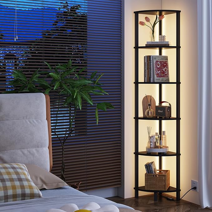 VIMBER 6-Tier Corner Shelf with LED Light, Industrial Corner Ladder Shelf, Rustic Display Shelf for Living Room, Bedroom, Kitchen, Home Office, Sturdy Frame, Black UJSJ002B