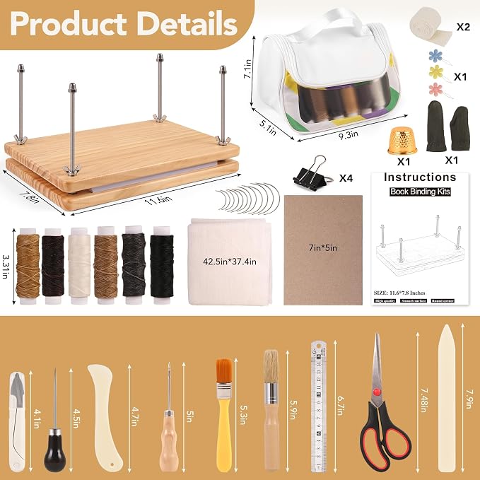 MAKEASY 50Pcs Book Binding Kits with Book Press (11.6x7.8in), DIY Bookbinding Kit with Waxed Thread, Needles, Bone Folder, Scissors & Bookbinding Supplies for Beginners & Professionals