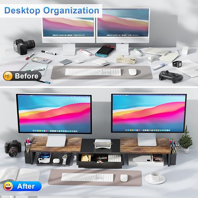 gianotter Dual Monitor Stand Riser With Drawer and 2 Pen Holders | Wood Computer Monitor Stand Desk Organizer and Accessories Desk Shelf for Top of Desk (Wood)