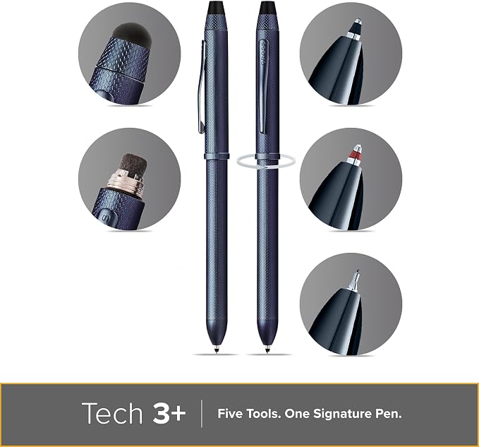 Cross Tech3+ Dark Blue PVD Multifunction Pen - Multifunctional Pen & Pencil for Versatile Use - Multiple Writing Tips - 2-Way Rotation Mechanism - Built-In Stylus - Corporate Gifts - Black Ink