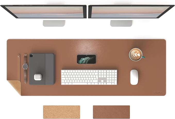 RENMTURE Dual-Sided Mouse Pad, Natural Cork & PU Leather Large Desk Pad for Office and Home Work, Desk Protector Non-Slip, Waterproof, Easy Clean (Brown,47"x17")