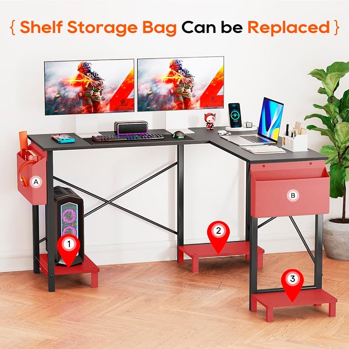 FDW 50 Inch L-Shaped Desk,Gaming Desk Computer Desk with Side Storage Bag & CPU Stand,Corner Desk for Home Office,Bedroom,Writing & Gaming,Black