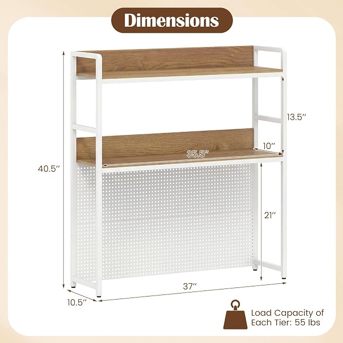 Giantex Desktop Bookshelf, 2-Tier Desk Hutch Dorm with Pegboard for up to 32" Computer Monitor, Industrial Countertop Storage Organizer Rack, Desk Shelf for Home Office (Natural)