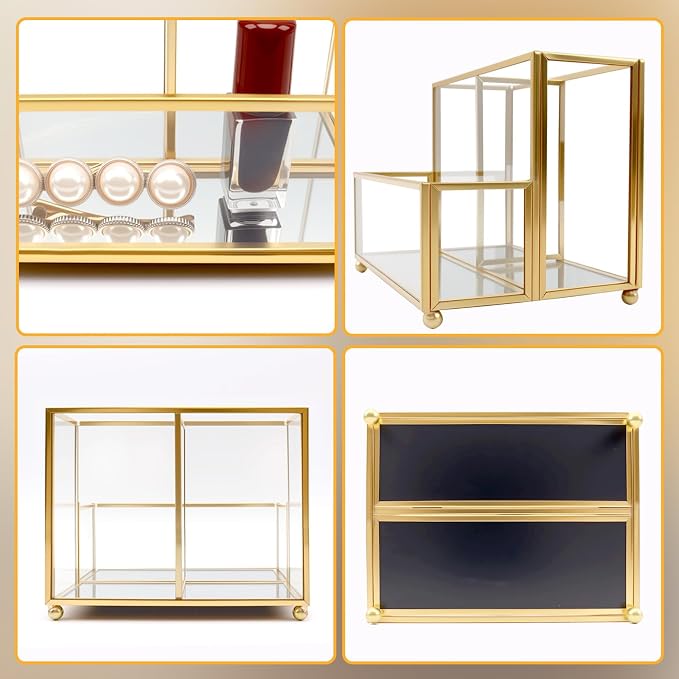 Glass Pen Holder for Desk,Gold Pencil Holder with 3 Compartments,Small Desk Organizer for Pens/Pencils/Sticky Notes,Stylish Clear Pen Organizer for Home Office Desk