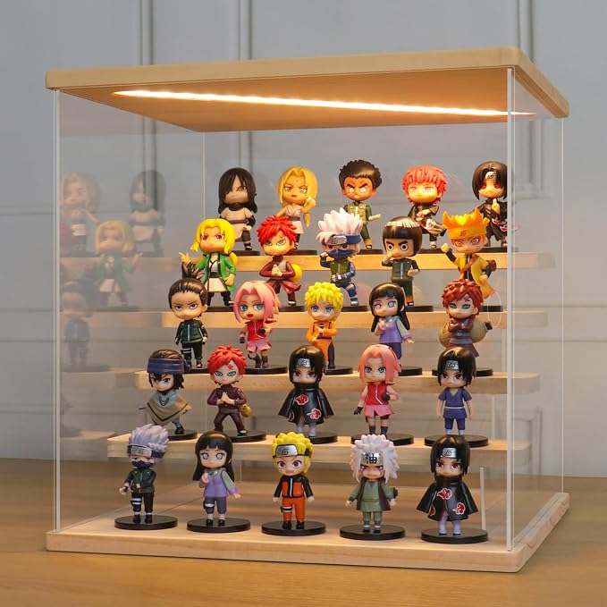 LANSCOERY Acrylic Display Case for Collectibles, 5-Tier LED Light, Wood | 3mm clear acrylic panels with front door access and tri-color top light for small figures on a desk or shelf.