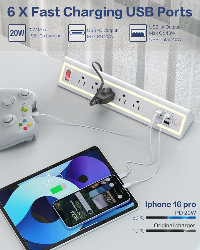 Desk Clamp Power Strip with Nightlight, 40W Fast Charging, 10FT Extension Cord, 4x20W USB-C & 2 USB Ports, 5 AC Outlets, Fits 1.69-Inch Table Edges