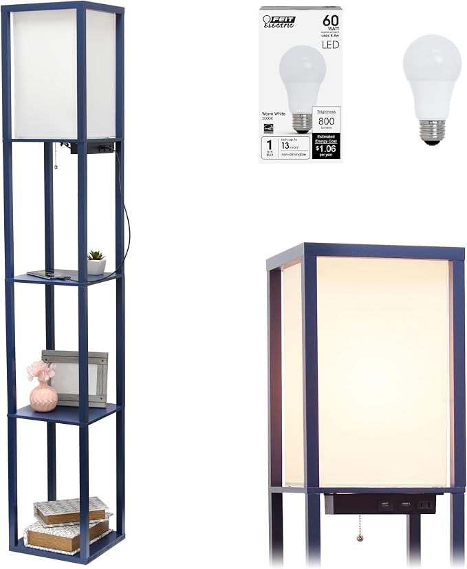 Simple Designs LF1037-NAV-LB Three Shelf Etagere Organizer Storage Floor Lamp with 2 Dual USB Ports and Charging Outlet, Navy Blue, with Feit LED Bulb Included