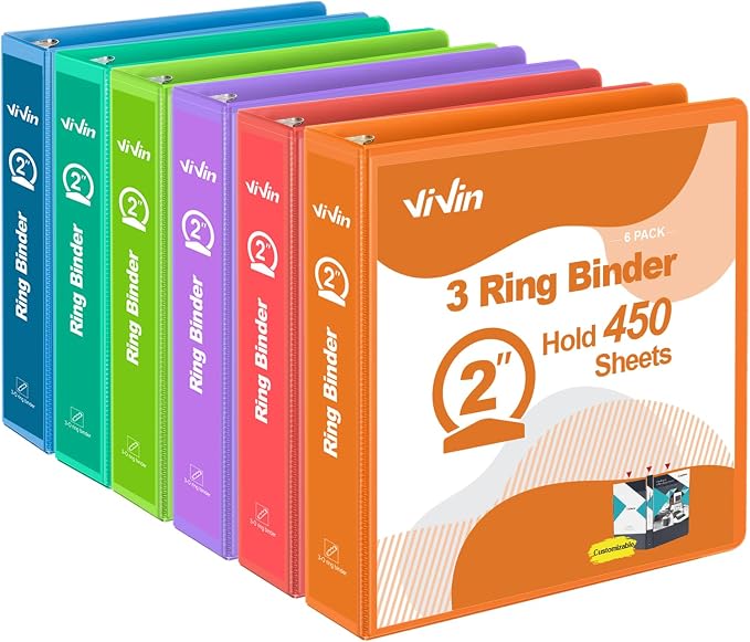 ViVin 2 Inch Round Ring View Binder for Durability, 6 Pack (Assorted) | Standard 3 Ring Binder for 450 Sheets of US Letter Size Paper, PVC-Free, Clear Front Pocket, Office Home School Use