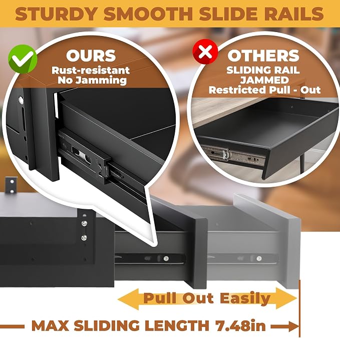 16in Under Desk Drawer with Lock Pull Out Storage Organizer | Carbon steel under desk drawer with lock,smooth slide rails, adjustable mounting height, supports up to 33 lb