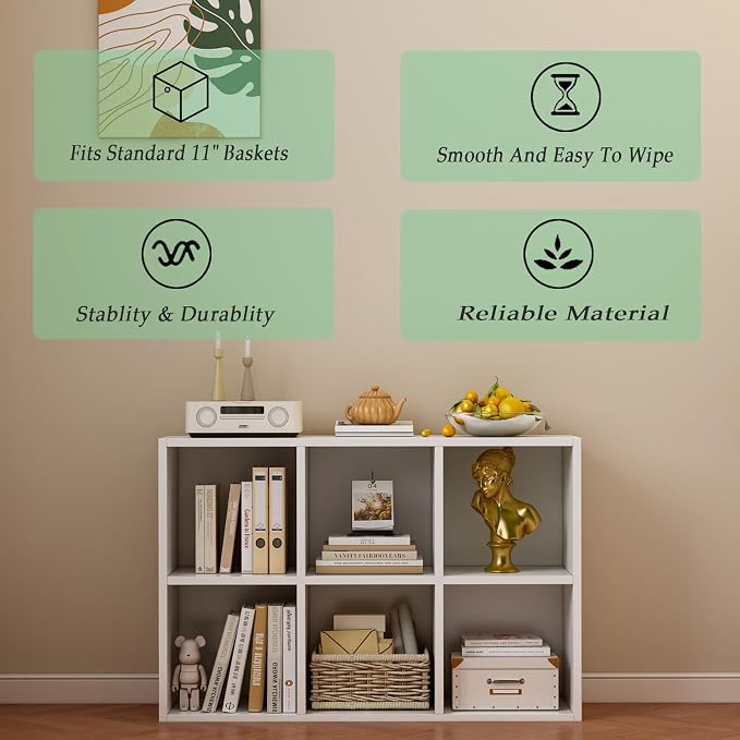 6-Cube Storage Shelf Bookcase, Warm White | Wooden 3-Tier Open Bookshelf, Fits 11×11" Bins, Vertical or Horizontal Use, Full Back Panels, For Home Office