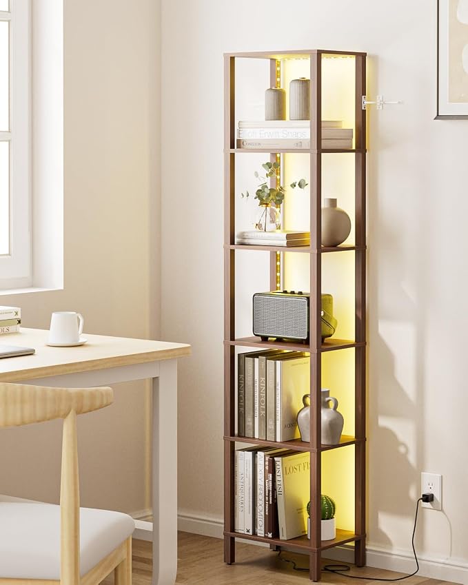 Open Book Shelf with LED Lights, 6 Tier Tall Bookshelf, Freestanding Shelf Narrow Bookcase with Open Shelves, 14.57" x 10.63" x 65.83", Book Shelves for Living Room, Office, Study, Walnut