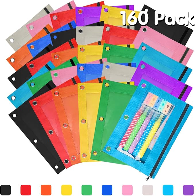 160 Pack Pencil Pouch for 3 Ring Binder, 3-Holes Zipper Pencil Pouches with Clear Window, 10 Assorted Colors Pencil Pouch Bulk for School and Office Supplies | Smooth Zipper Pencil Pouch Bulk For School and Office Supplies With Clear Window,Bulk Pencil...