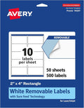 Avery® Matte White Removable Rectangle Labels, Sure Feed® Technology, 2" x 4", 500 Removable Labels, Laser/Inkjet Printable