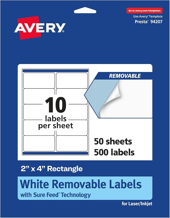 Avery® Matte White Removable Rectangle Labels, Sure Feed® Technology, 2" x 4", 500 Removable Labels, Laser/Inkjet Printable