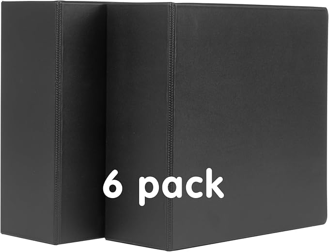 6 Pack Black 3-Ring Binders, 3", Slant D-Ring, Durable, EPI Premium, Heavy Duty, Holds 600 Sheets, Clear View Presentation, Non-Stick, 2 Inside Pockets, Organizer for School, Home Office