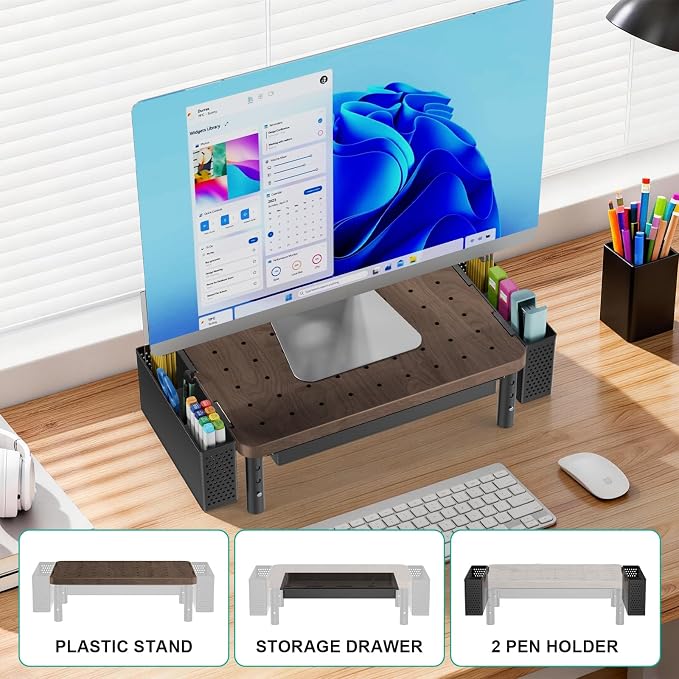 WALI Plastic Computer Monitor Stand with Storage, Desk Organizer with Drawer and Pen Holder, Desk Monitor Riser 3 Height Adjustable, Laptop Riser for Computer, Laptop, Printer(PTT003-C), 1 Pack, Brown