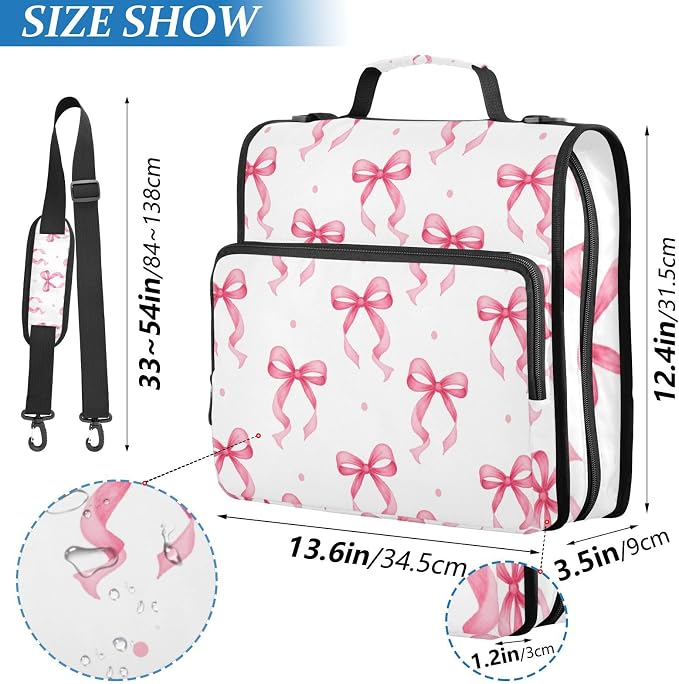 3 D-Ring Zipper Binder Bag, Pink Ribbon Bow Dots Pattern Removable Binder with Zipper Case Hold 300+ Sheets& 13 Inch Laptop for School Office Supplies Organizer