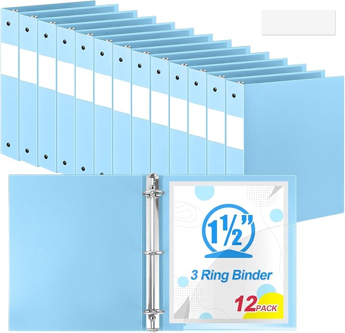 Henoyso 12 Pcs 1.5 Inch 3 Ring Binders, Letter Size,Light Blue | Binders Bulk, Holds 350 Sheets, Round Rings, Durable Flexible PP Plastic Covers, Pockets Labels, School Office Supplies