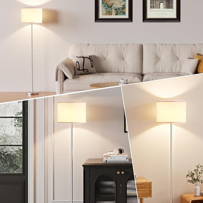 60'' Modern Floor Lamp with Shade, Tall Lamps for Living Room, Bedroom, Office, Dining Room, White Shade with Silver Pole(Without Bulb)
