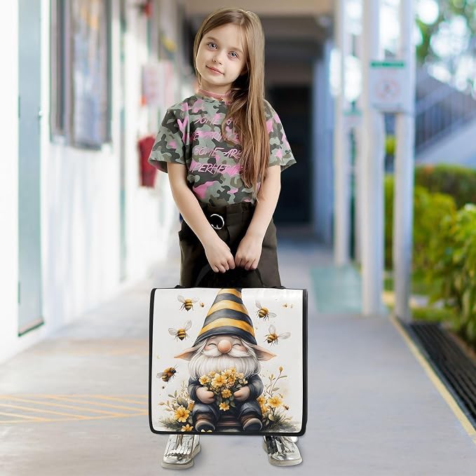Custom 3 Ring Zipper Binder Bee Gnome Yellow Flower Personalized Name 2 Inch Zippered Binder Bag Multi Pockets for School Supplies