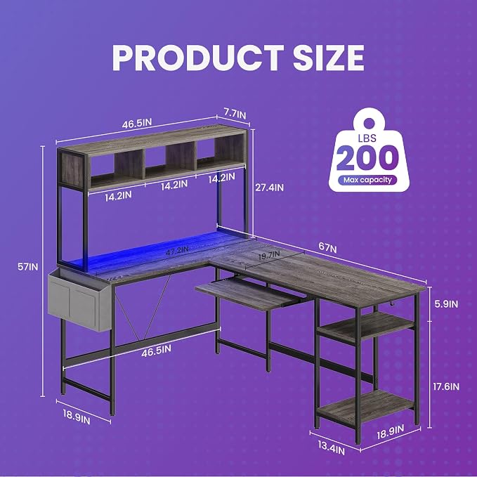 DUMOS 67" L Shaped Gaming Desk, Reversible Computer Desks with LED Lighting, Corner Desk for Compact Spaces with Keyboard Tray & Storage Shelf, Metal Frame PC Gaming Table for Home Office, Gray