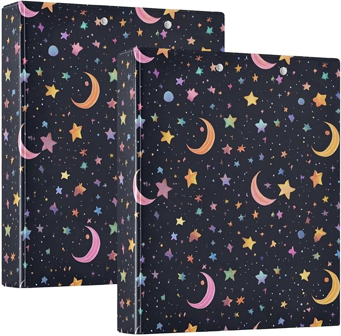 Star Moon Black 3 Ring Binder with 2 Interior Pockets 1.5 inch Binders 3 Ring Heavy Duty Fit 8.5" x 11" Letter Size for Office School, 2 Pack