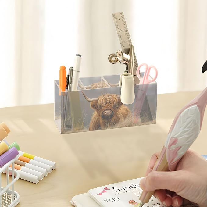 Highland Cow Cattle Acrylic Pencil Pen Holder Desk Accessories Holder, Cosmetic Brush Organizer Modern Design Desktop Stationery Organizer for Office School and Home 7.87 x 2.48 x 3.54 In