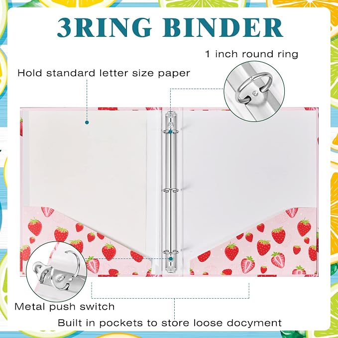 Fainne 4 Pcs Fruit 3 Ring Binder Cute Binder Lemons Strawberry Watermelon Orange Decorative Round Ring with Interior Pockets for School Office A4 Paper, 9.84 x 1.57 x 12 Inch