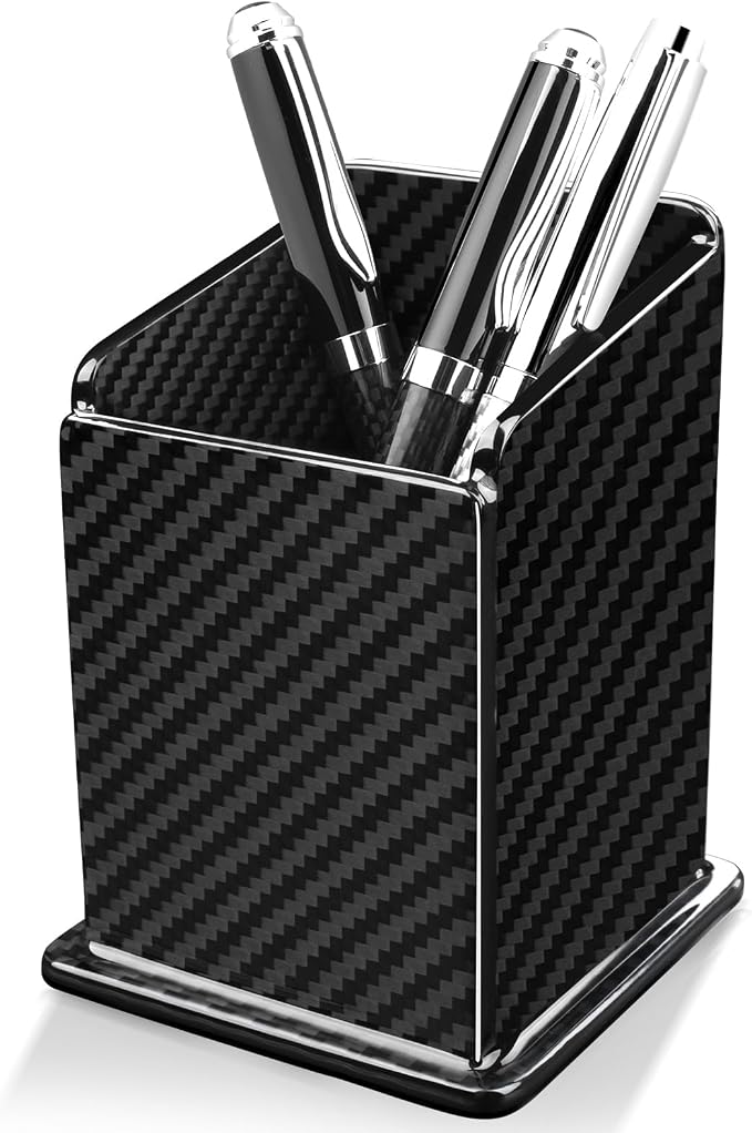 Carbon Fiber Pen Holder Pencil Holder for desk, Desktop Organizer and Black Pencil Cup for Office, School, Home,Glossy Black