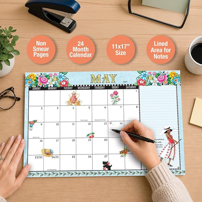 Current 2027-2028 Desk Calendar Pad | Mary Englebreit, 11” x 16.25”, Large, 2024-Month, 12 page Designs, Self-Stick Magnet Strips